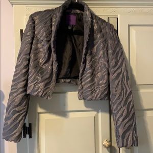 Cropped gray fuzzy zebra striped jacket